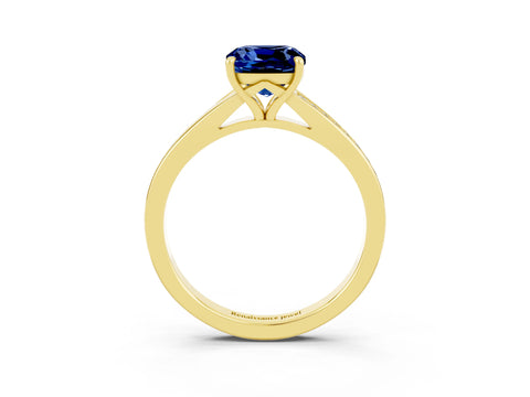 Yellow gold Cushion Cut Blue Sapphire Solitaire Ring with Pavé Band and Prong Setting_15