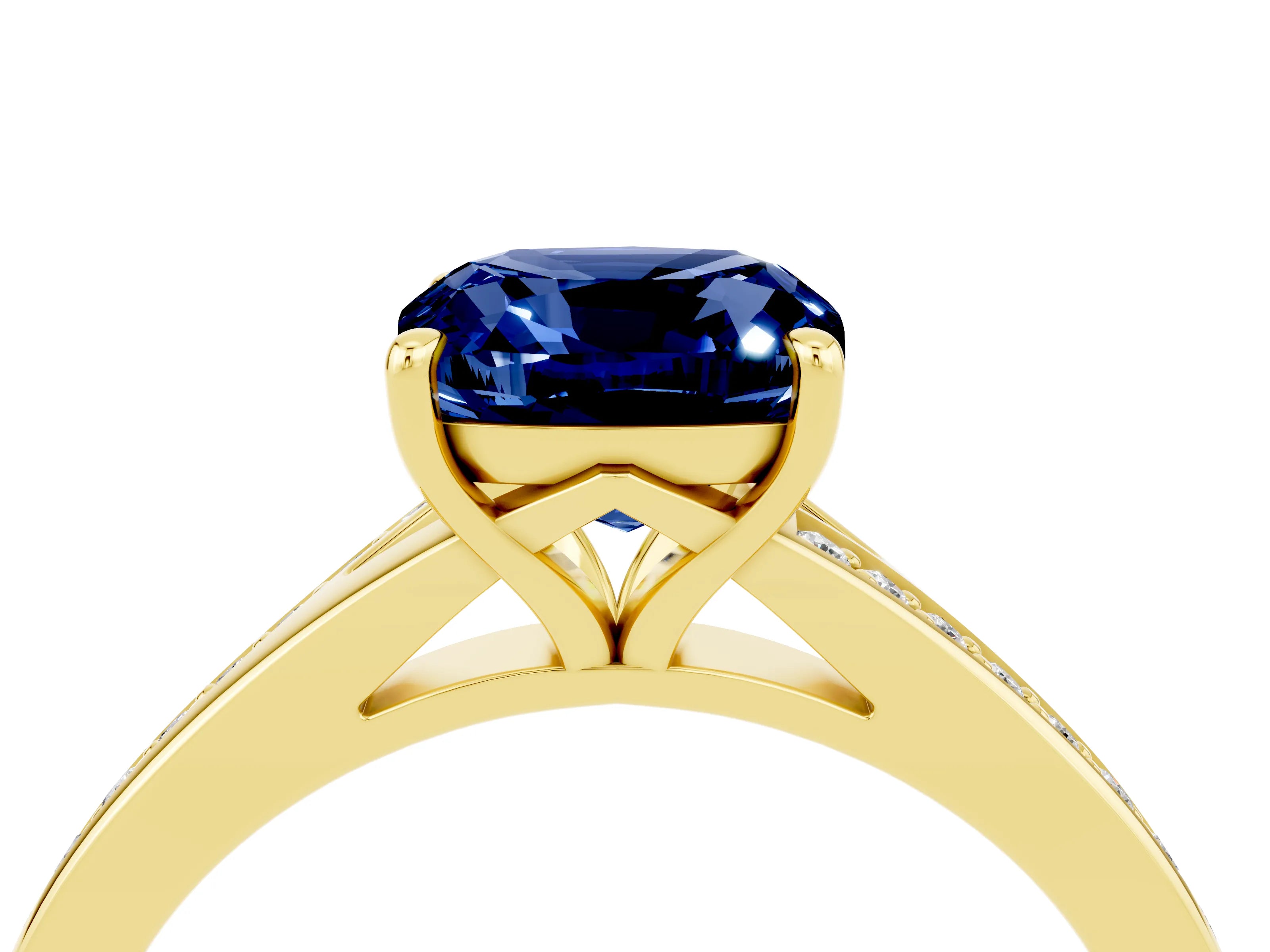 Yellow gold Cushion Cut Blue Sapphire Solitaire Ring with Pavé Band and Prong Setting_16