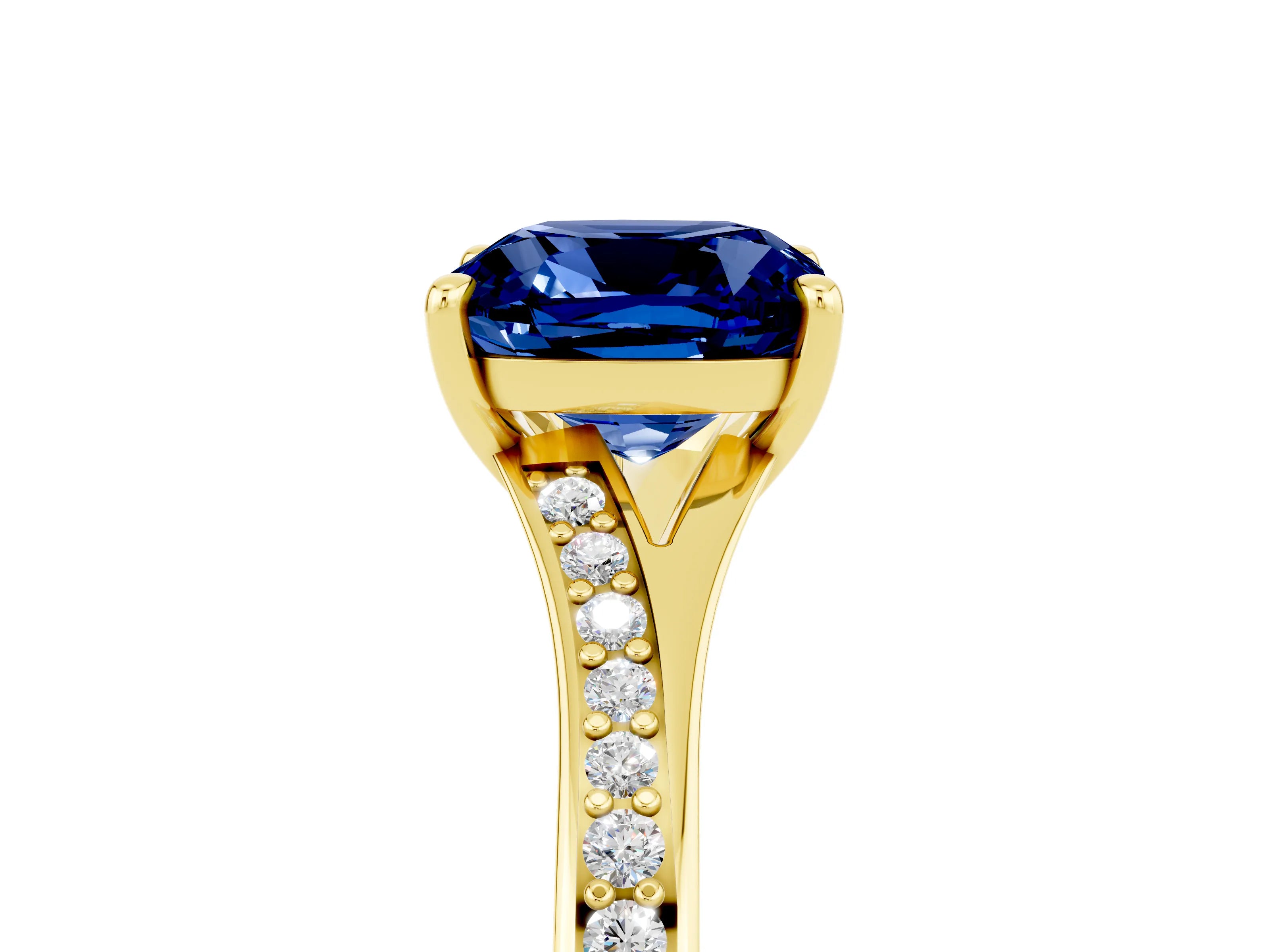 Yellow gold Cushion Cut Blue Sapphire Solitaire Ring with Pavé Band and Prong Setting_17