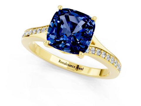 Yellow gold Cushion Cut Blue Sapphire Solitaire Ring with Pavé Band and Prong Setting_1