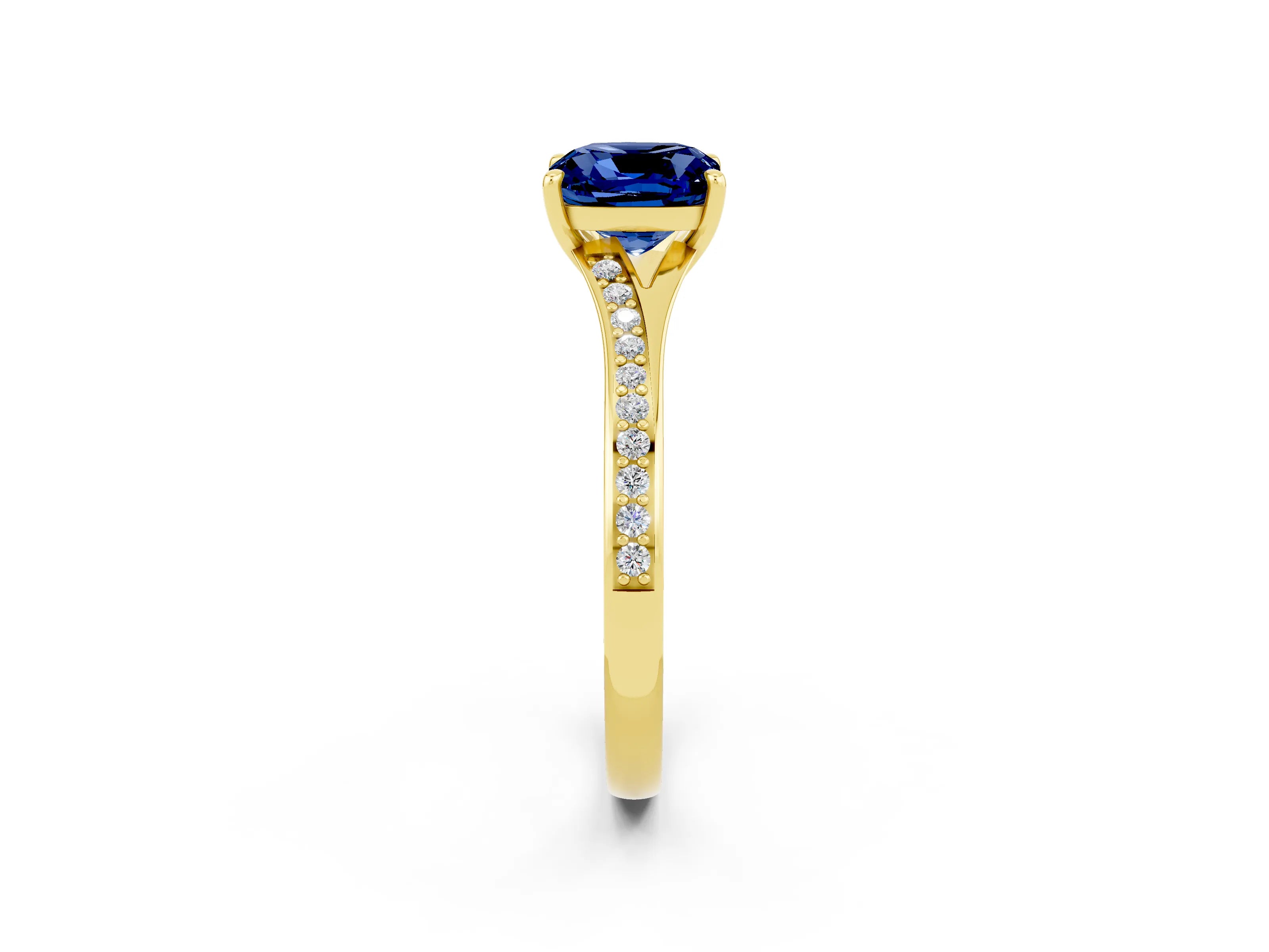 Yellow gold Cushion Cut Blue Sapphire Solitaire Ring with Pavé Band and Prong Setting_2
