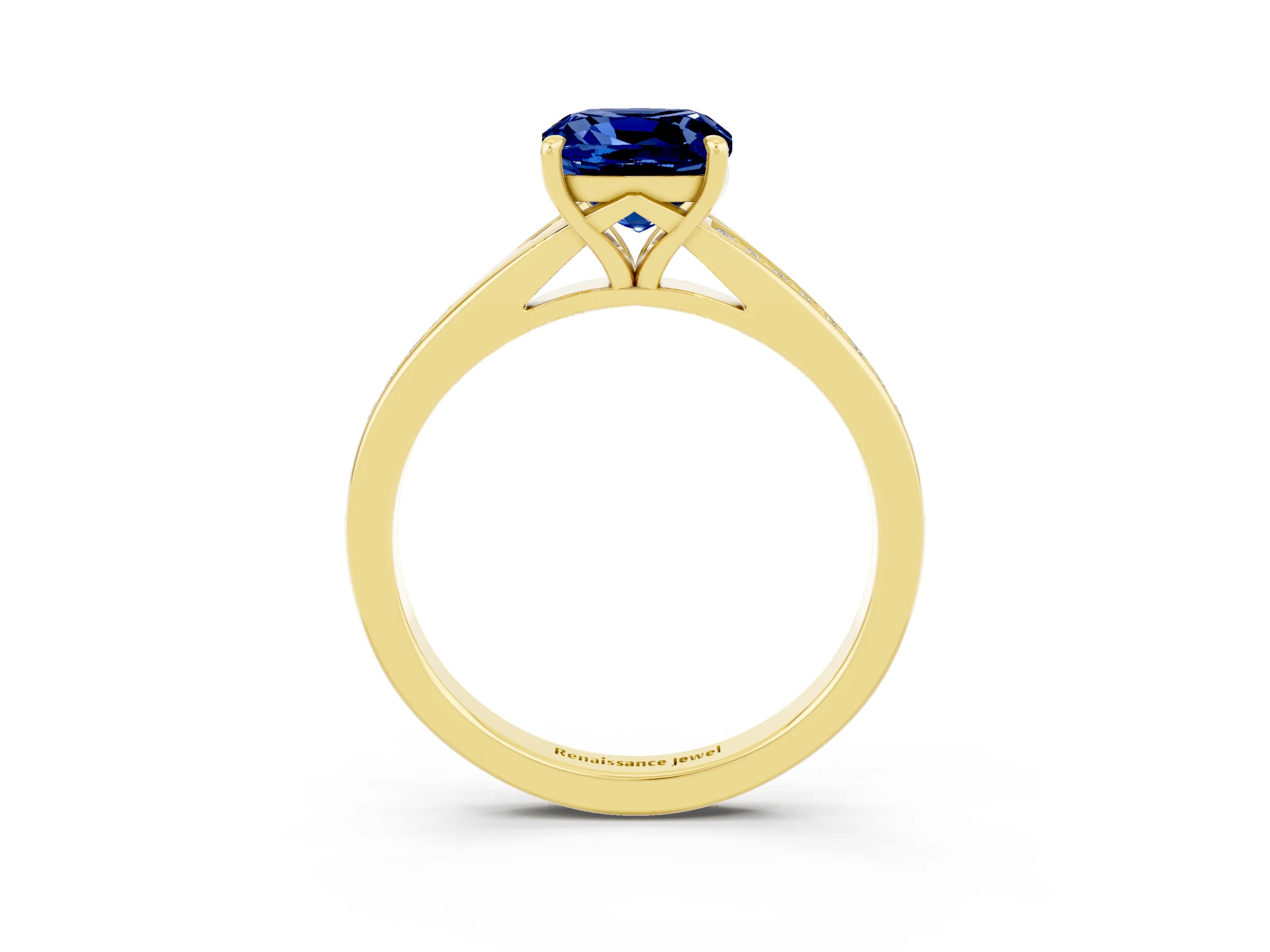 Yellow gold Cushion Cut Blue Sapphire Solitaire Ring with Pavé Band and Prong Setting_3