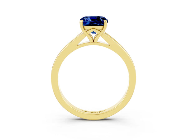 Yellow gold Cushion Cut Blue Sapphire Solitaire Ring with Pavé Band and Prong Setting