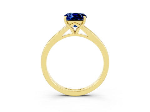 Yellow gold Cushion Cut Blue Sapphire Solitaire Ring with Pavé Band and Prong Setting_3