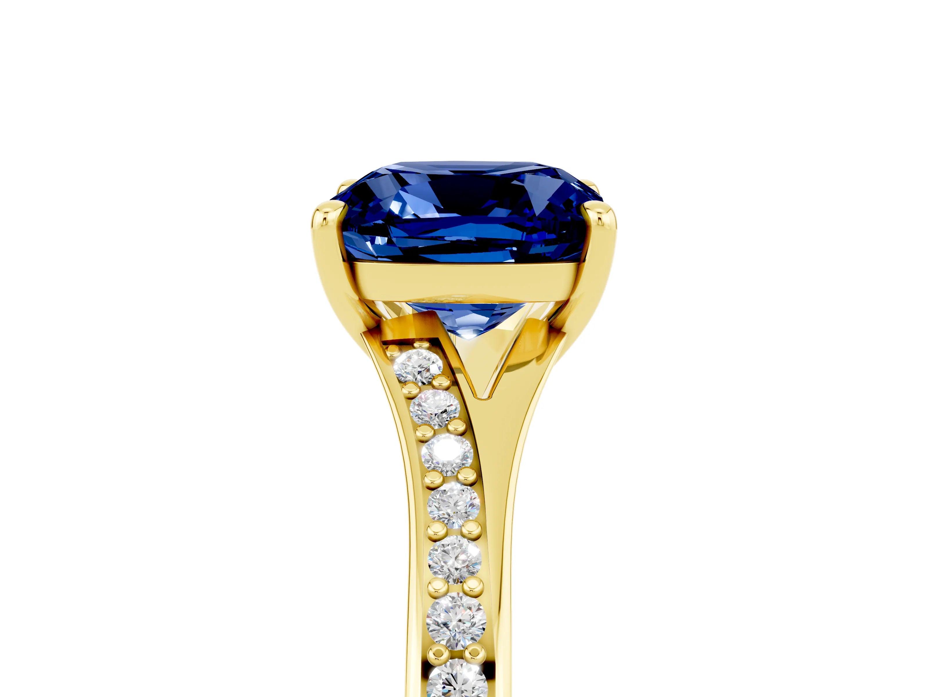 Yellow gold Cushion Cut Blue Sapphire Solitaire Ring with Pavé Band and Prong Setting_5
