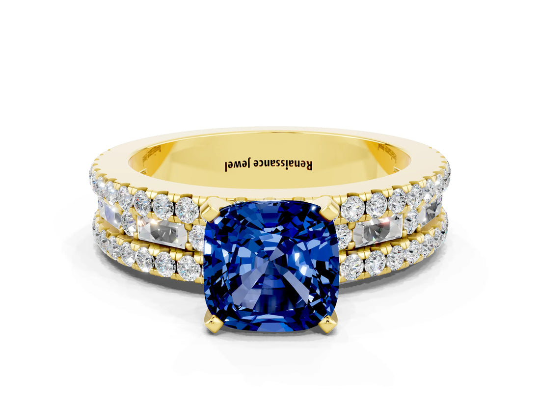 Yellow gold Cushion Cut Blue Sapphire Solitaire Ring with Pavé and Channel Set Band