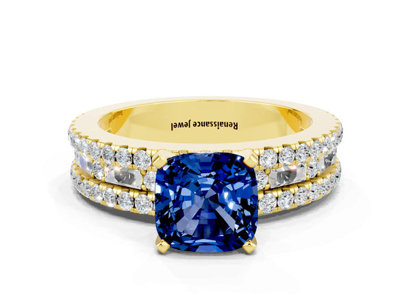 Yellow gold Cushion Cut Blue Sapphire Solitaire Ring with Pavé and Channel Set Band