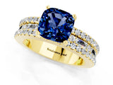 Yellow gold Cushion Cut Blue Sapphire Solitaire Ring with Pavé and Channel Set Band_1