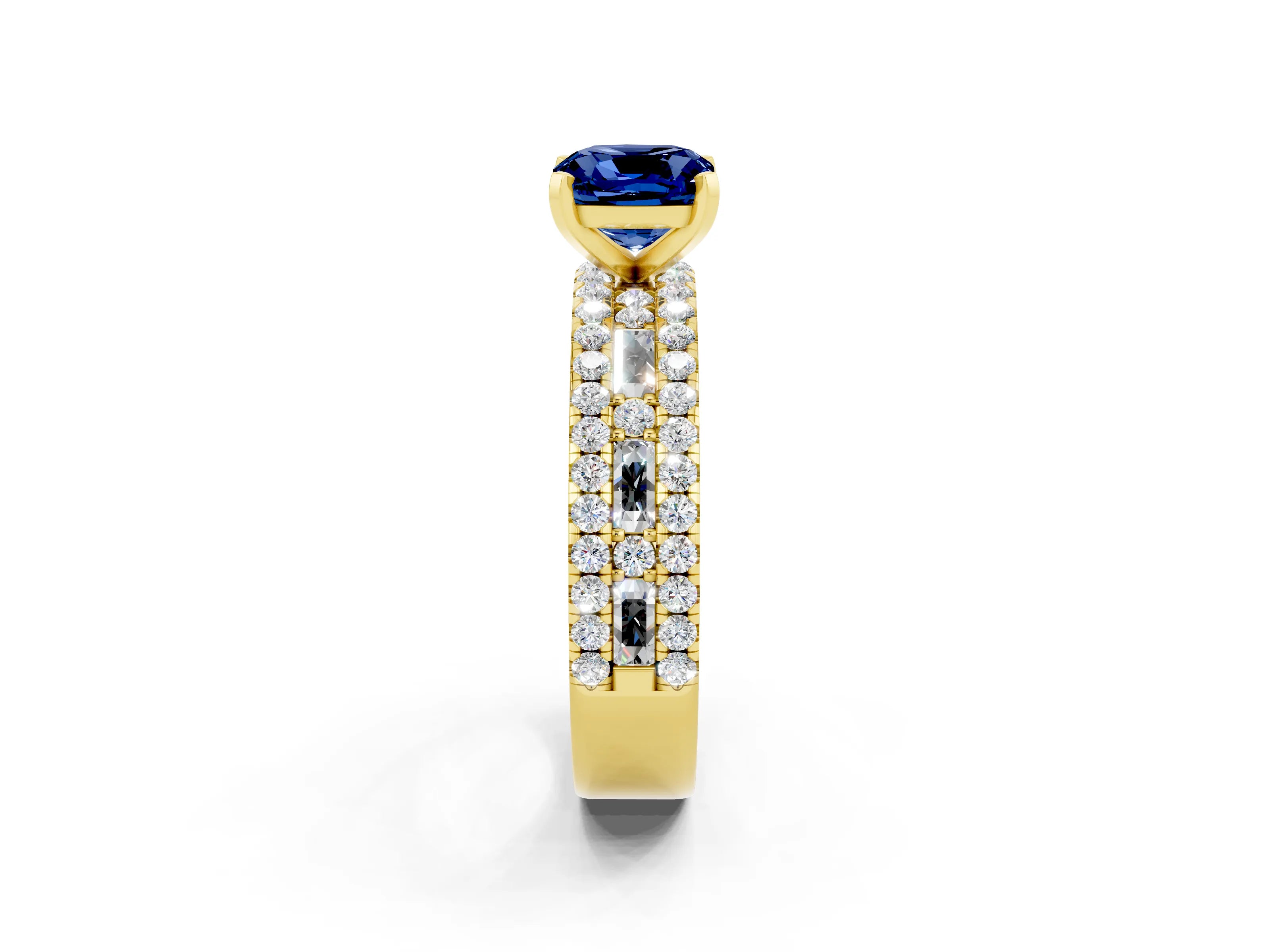 Yellow gold Cushion Cut Blue Sapphire Solitaire Ring with Pavé and Channel Set Band_2