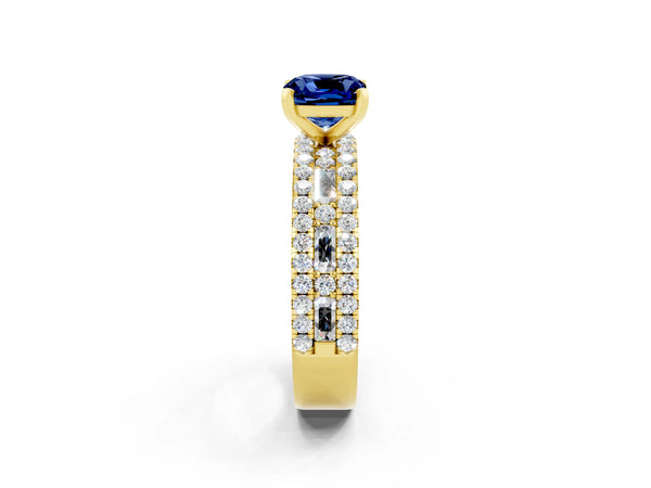 Yellow gold Cushion Cut Blue Sapphire Solitaire Ring with Pavé and Channel Set Band