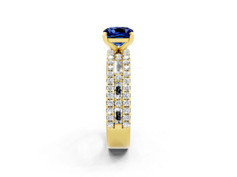 Yellow gold Cushion Cut Blue Sapphire Solitaire Ring with Pavé and Channel Set Band_2