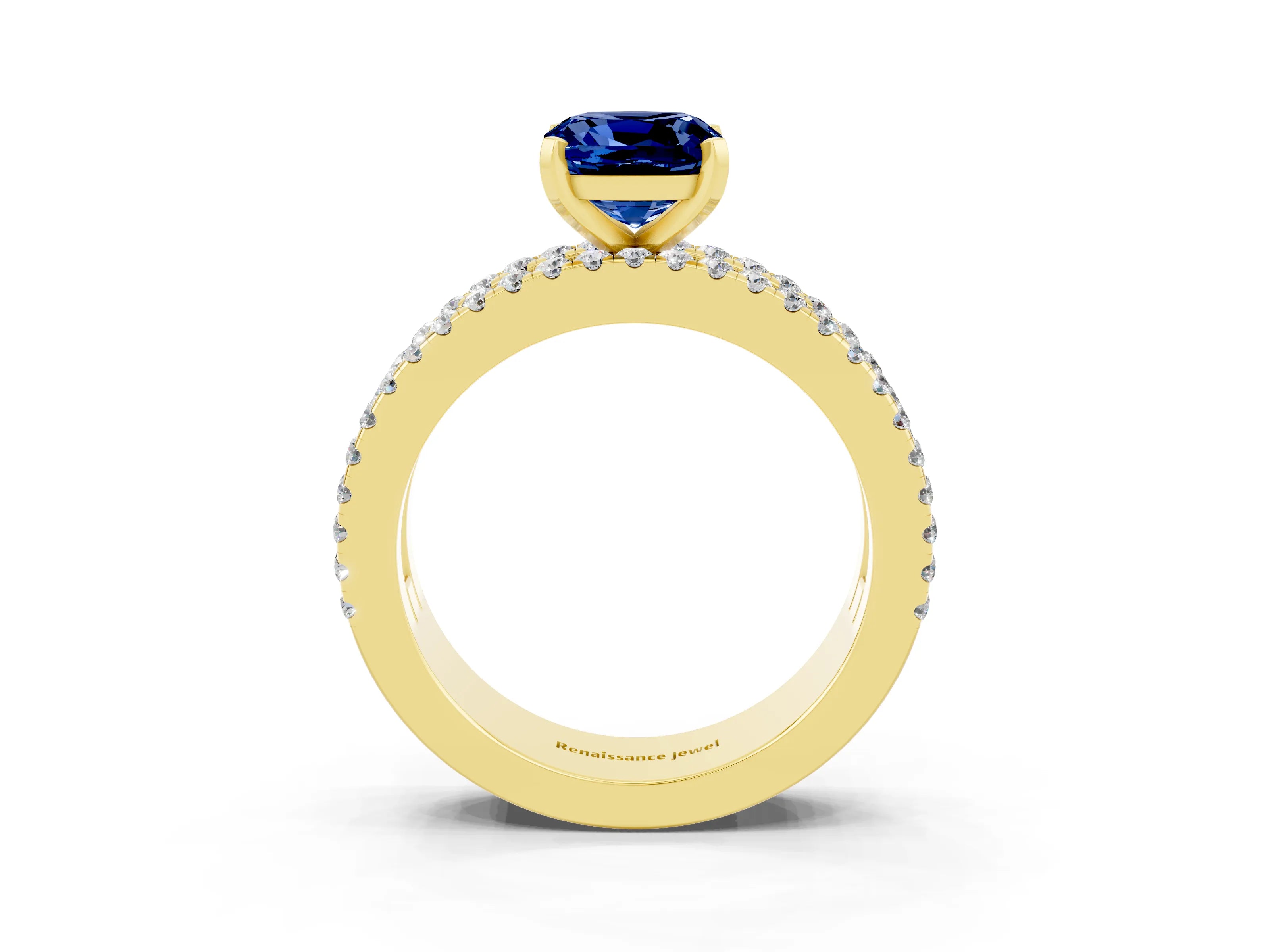 Yellow gold Cushion Cut Blue Sapphire Solitaire Ring with Pavé and Channel Set Band_3