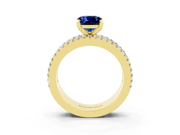 Yellow gold Cushion Cut Blue Sapphire Solitaire Ring with Pavé and Channel Set Band