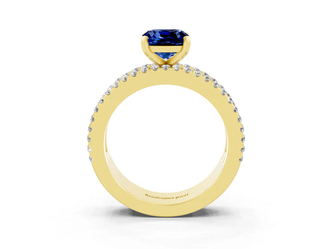 Yellow gold Cushion Cut Blue Sapphire Solitaire Ring with Pavé and Channel Set Band_3