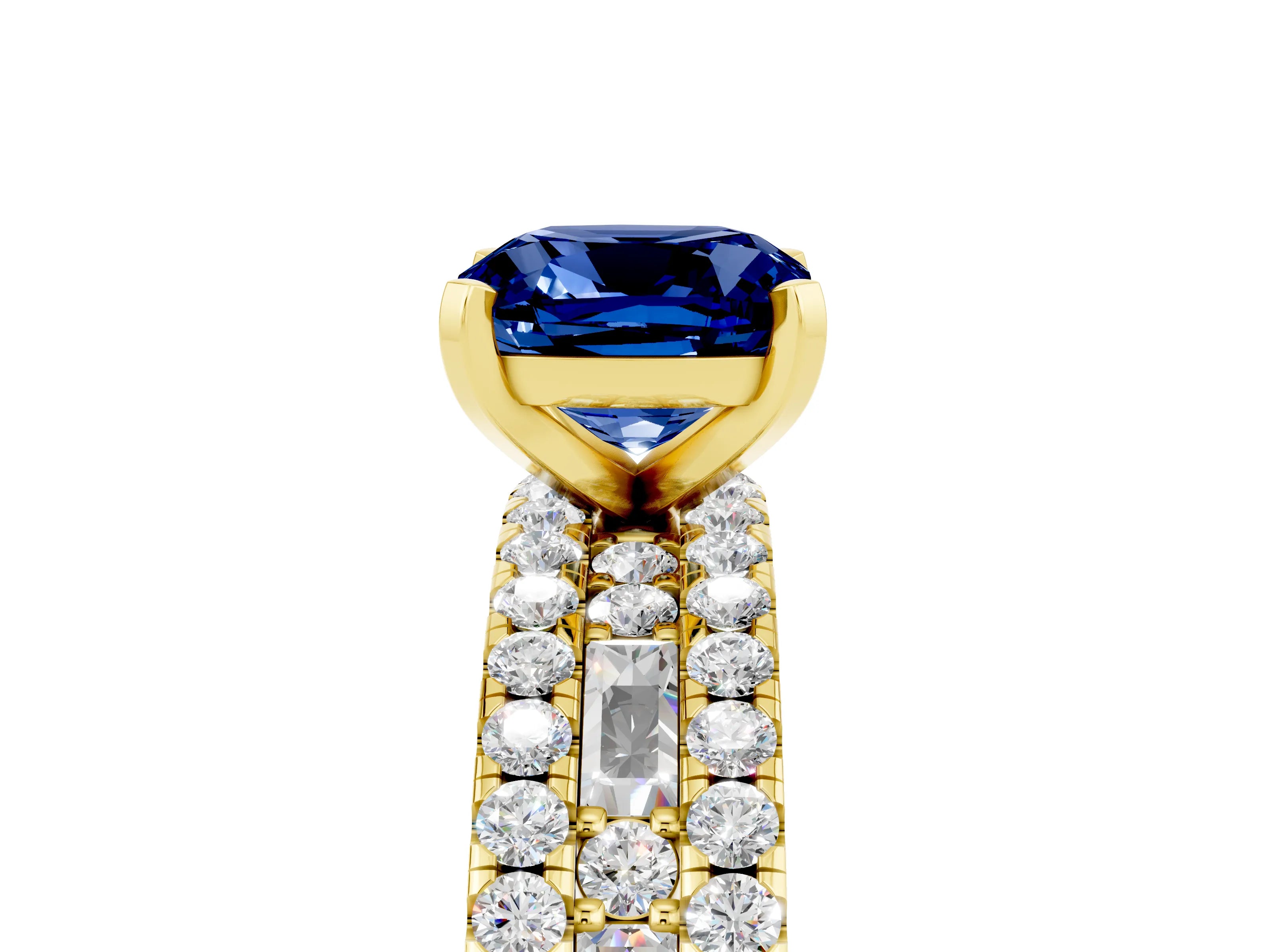 Yellow gold Cushion Cut Blue Sapphire Solitaire Ring with Pavé and Channel Set Band_5