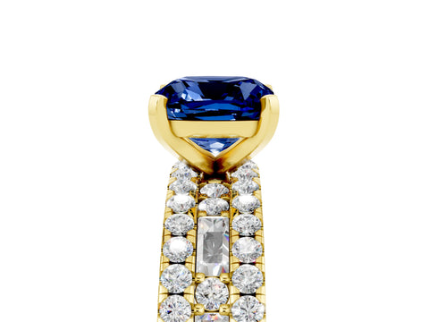 Yellow gold Cushion Cut Blue Sapphire Solitaire Ring with Pavé and Channel Set Band_5