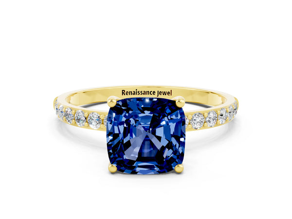 Yellow gold Cushion Cut Blue Sapphire Solitaire Ring with Round  Pavé Band and Prong Setting