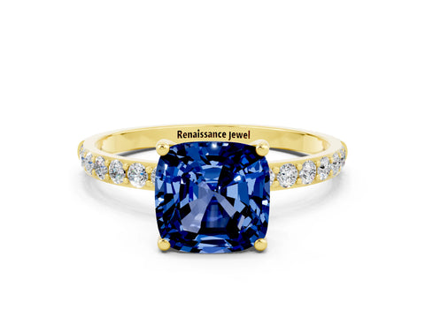 Yellow gold Cushion Cut Blue Sapphire Solitaire Ring with Pave Band and Four Prong Setting_24