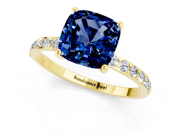Yellow gold Cushion Cut Blue Sapphire Solitaire Ring with Round  Pavé Band and Prong Setting