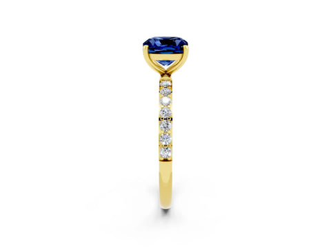 Yellow gold Cushion Cut Blue Sapphire Solitaire Ring with Pave Band and Four Prong Setting_26