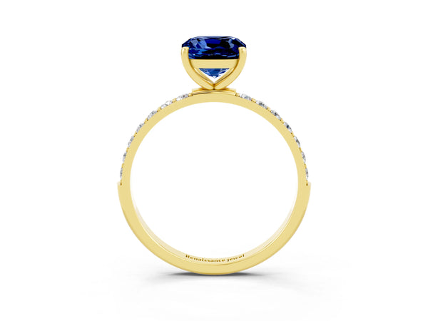 Yellow gold Cushion Cut Blue Sapphire Solitaire Ring with Round  Pavé Band and Prong Setting