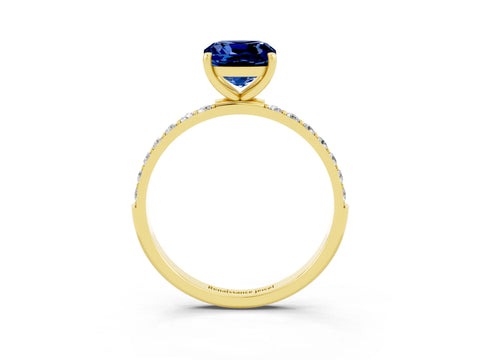 Yellow gold Cushion Cut Blue Sapphire Solitaire Ring with Pave Band and Four Prong Setting_27