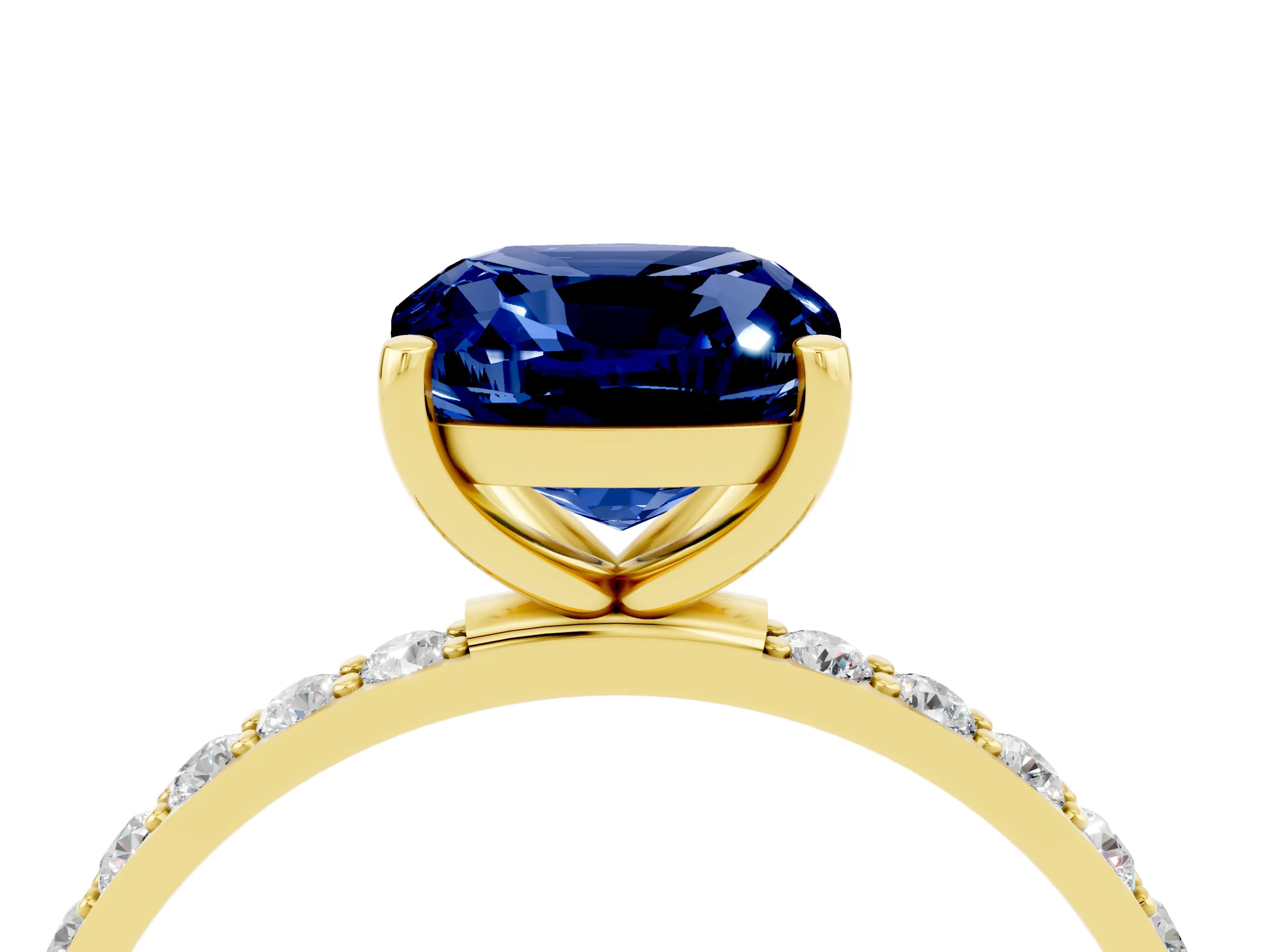 Yellow gold Cushion Cut Blue Sapphire Solitaire Ring with Pave Band and Four Prong Setting_28