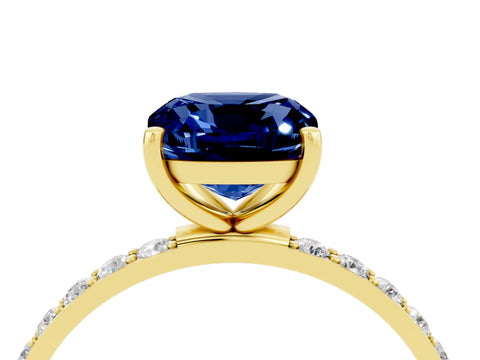 Yellow gold Cushion Cut Blue Sapphire Solitaire Ring with Pave Band and Four Prong Setting_28
