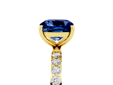 Yellow gold Cushion Cut Blue Sapphire Solitaire Ring with Pave Band and Four Prong Setting_29