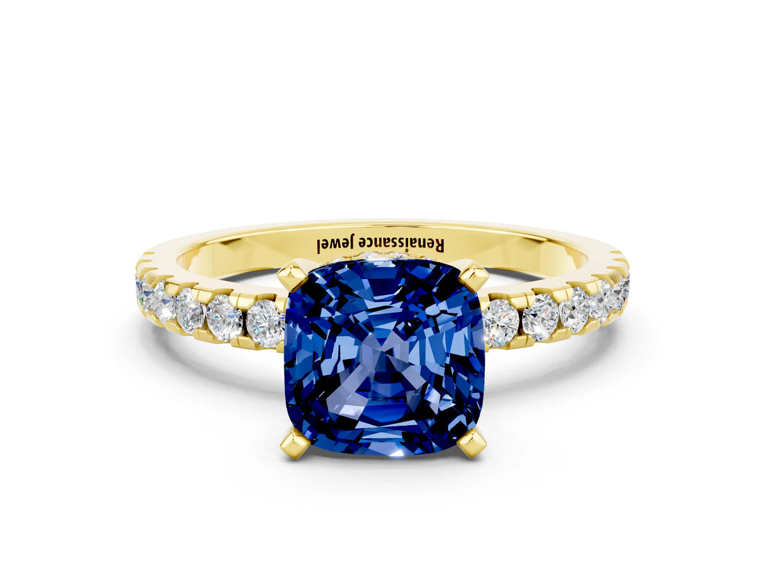 Yellow gold Cushion Cut Blue Sapphire Solitaire Ring with Round  Pavé Band and Four-Prong Setting_36