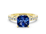 Yellow gold Cushion Cut Blue Sapphire Solitaire Ring with Round  Pavé Band and Four-Prong Setting_36