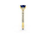 Yellow gold Cushion Cut Blue Sapphire Solitaire Ring with Round  Pavé Band and Four-Prong Setting_38