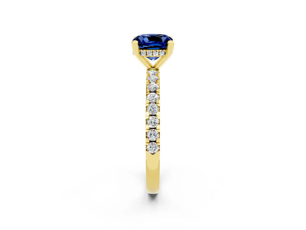 Yellow gold Cushion Cut Blue Sapphire Solitaire Ring with Round Pavé Band and Four-Prong Setting