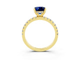 Yellow gold Cushion Cut Blue Sapphire Solitaire Ring with Round  Pavé Band and Four-Prong Setting_39