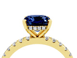 Yellow gold Cushion Cut Blue Sapphire Solitaire Ring with Round  Pavé Band and Four-Prong Setting_40