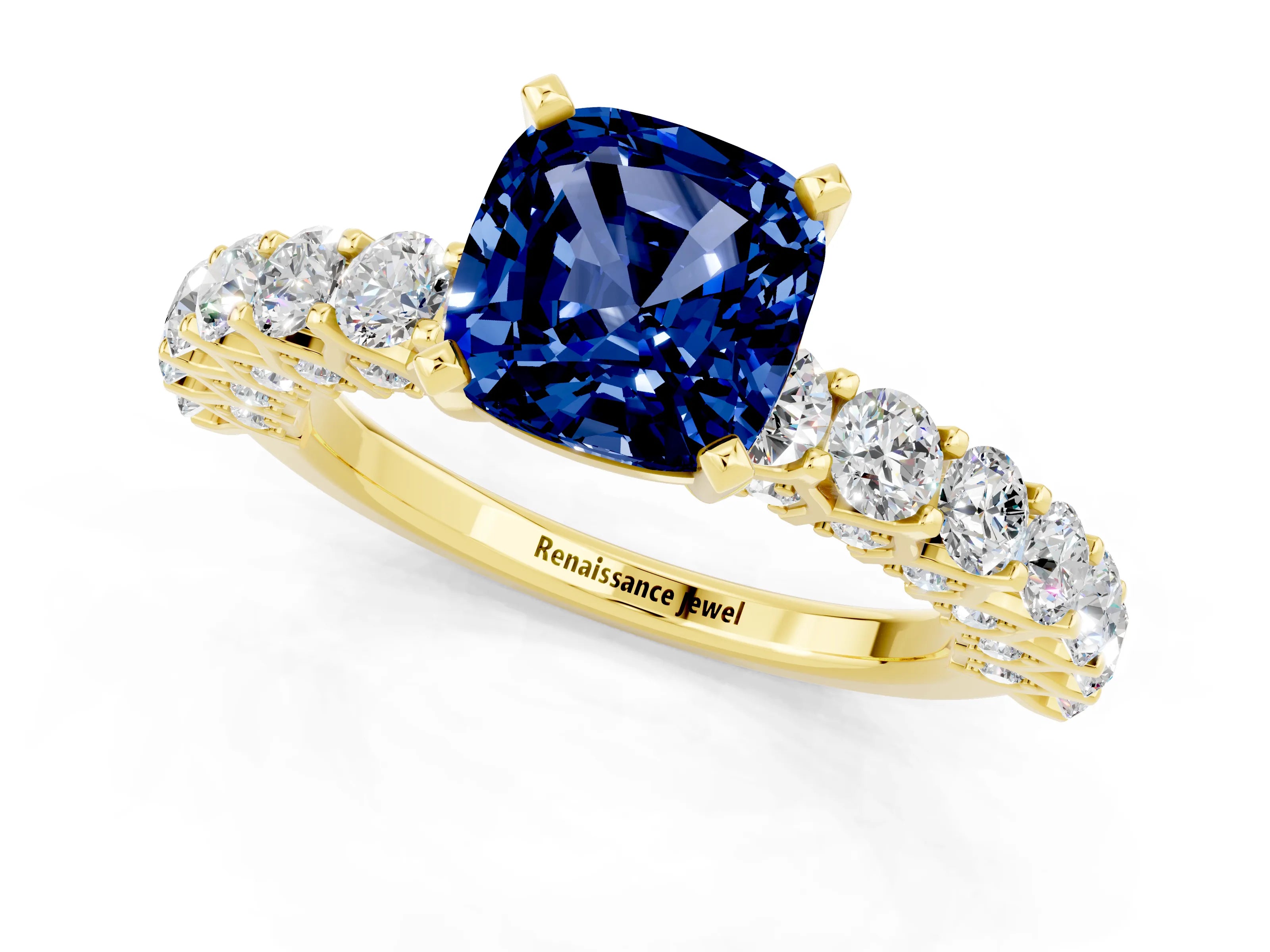 Yellow gold Cushion Cut Blue Sapphire Solitaire Ring with Shared Prong Pavé Band and Four-Prong Setting_1
