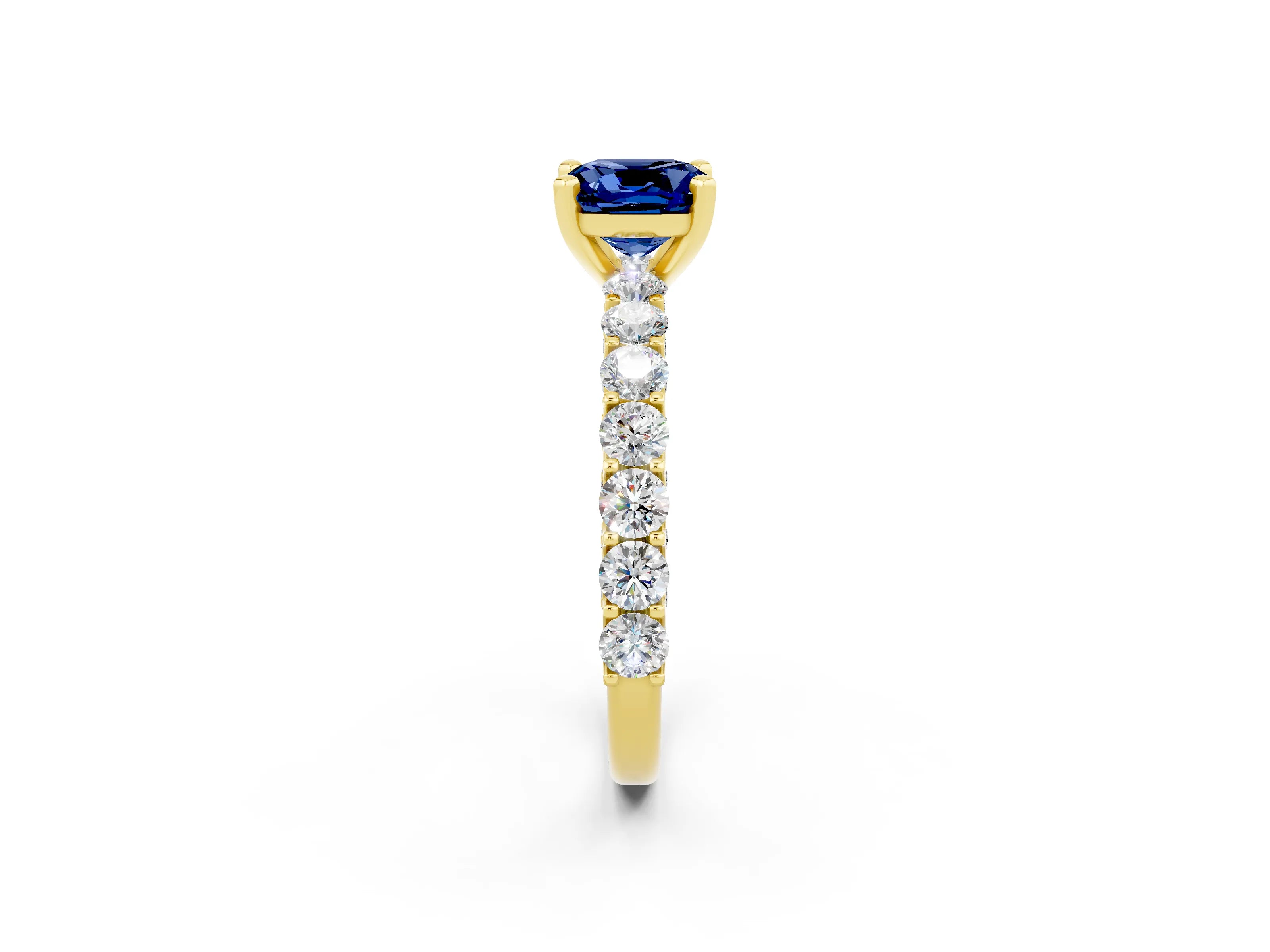 Yellow gold Cushion Cut Blue Sapphire Solitaire Ring with Shared Prong Pavé Band and Four-Prong Setting_2