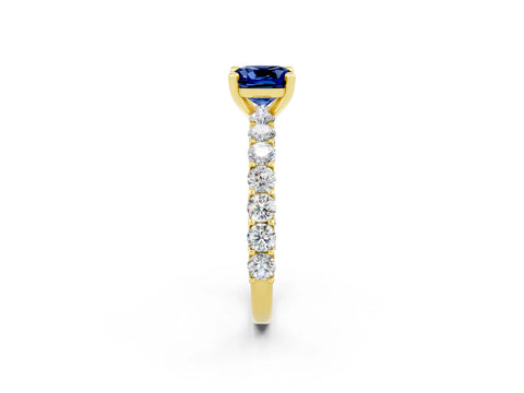 Yellow gold Cushion Cut Blue Sapphire Solitaire Ring with Shared Prong Pavé Band and Four-Prong Setting_2