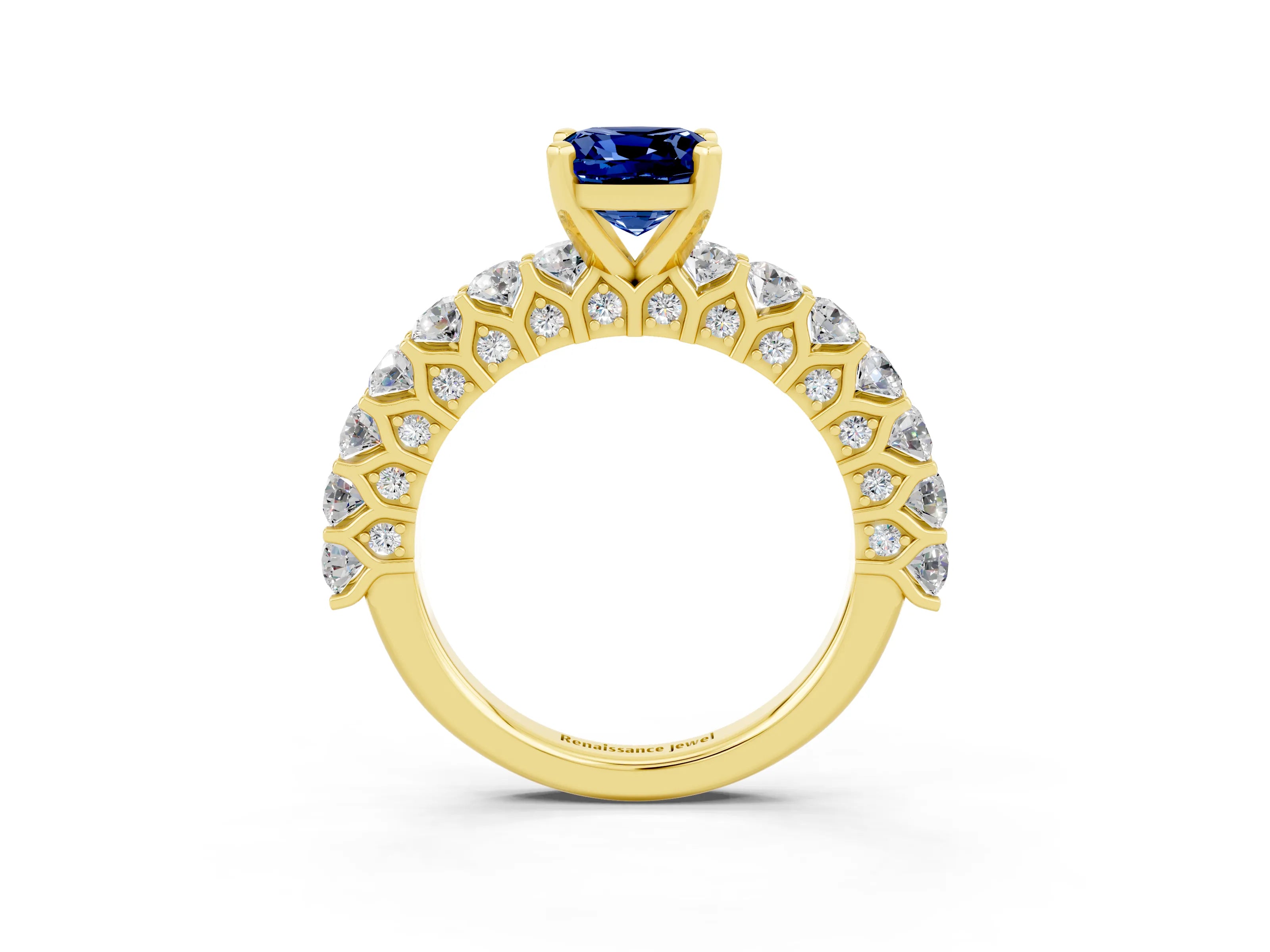 Yellow gold Cushion Cut Blue Sapphire Solitaire Ring with Shared Prong Pavé Band and Four-Prong Setting_3