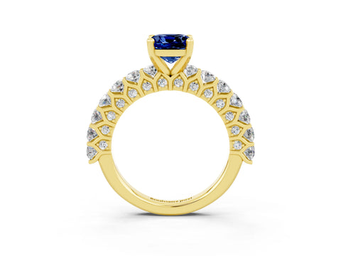 Yellow gold Cushion Cut Blue Sapphire Solitaire Ring with Shared Prong Pavé Band and Four-Prong Setting_3