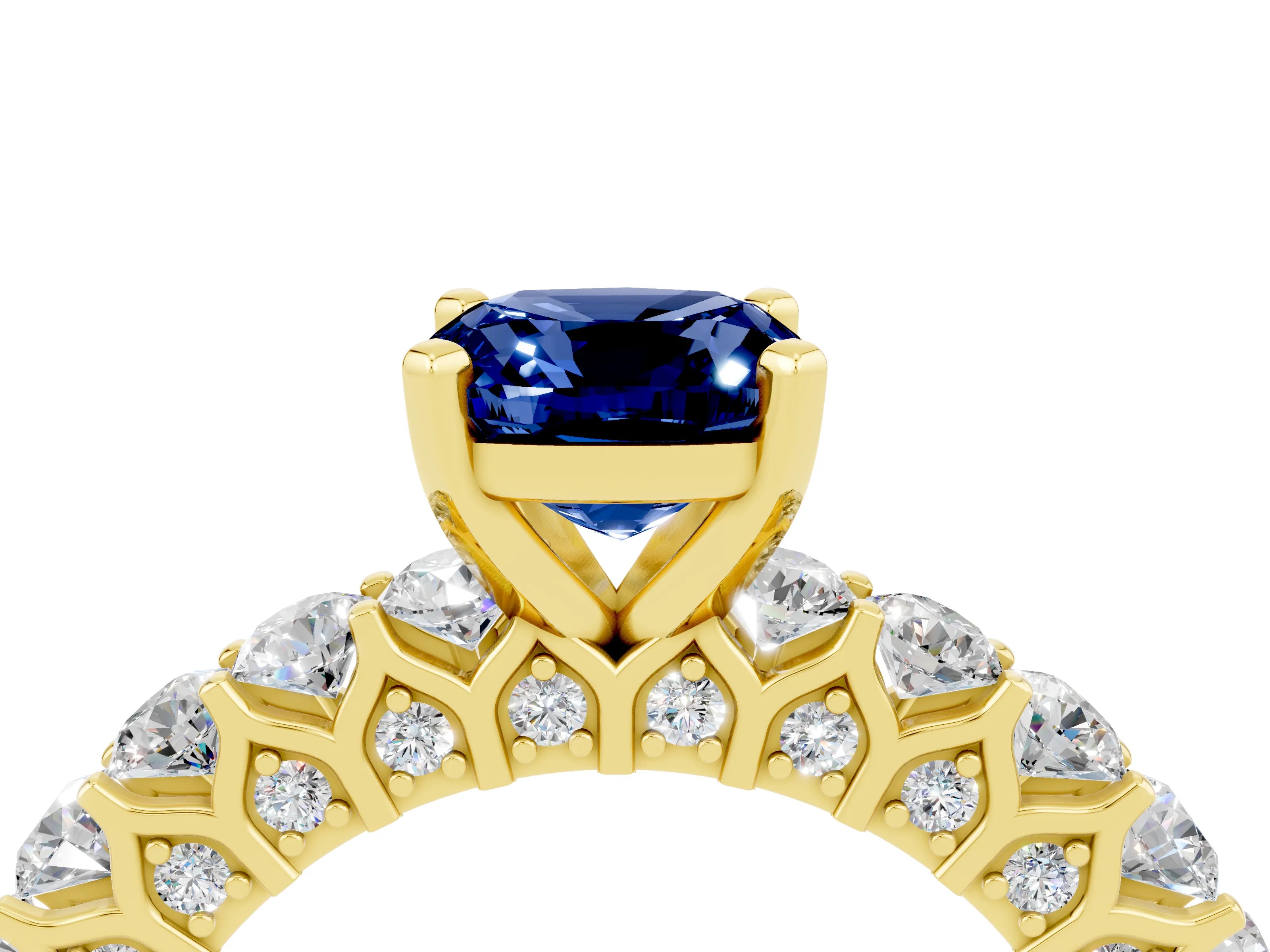 Yellow gold Cushion Cut Blue Sapphire Solitaire Ring with Shared Prong Pavé Band and Four-Prong Setting_4