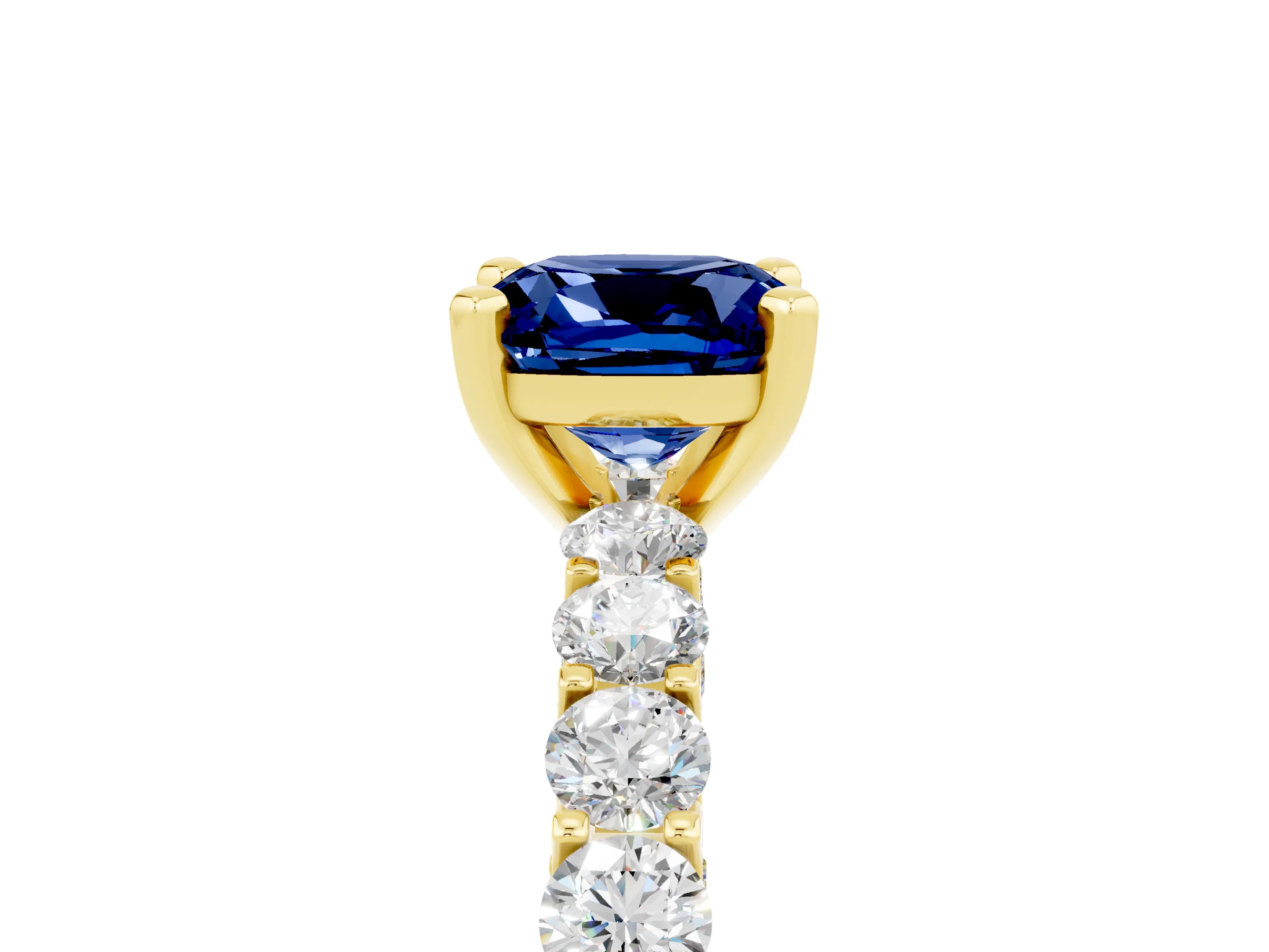 Yellow gold Cushion Cut Blue Sapphire Solitaire Ring with Shared Prong Pavé Band and Four-Prong Setting_5