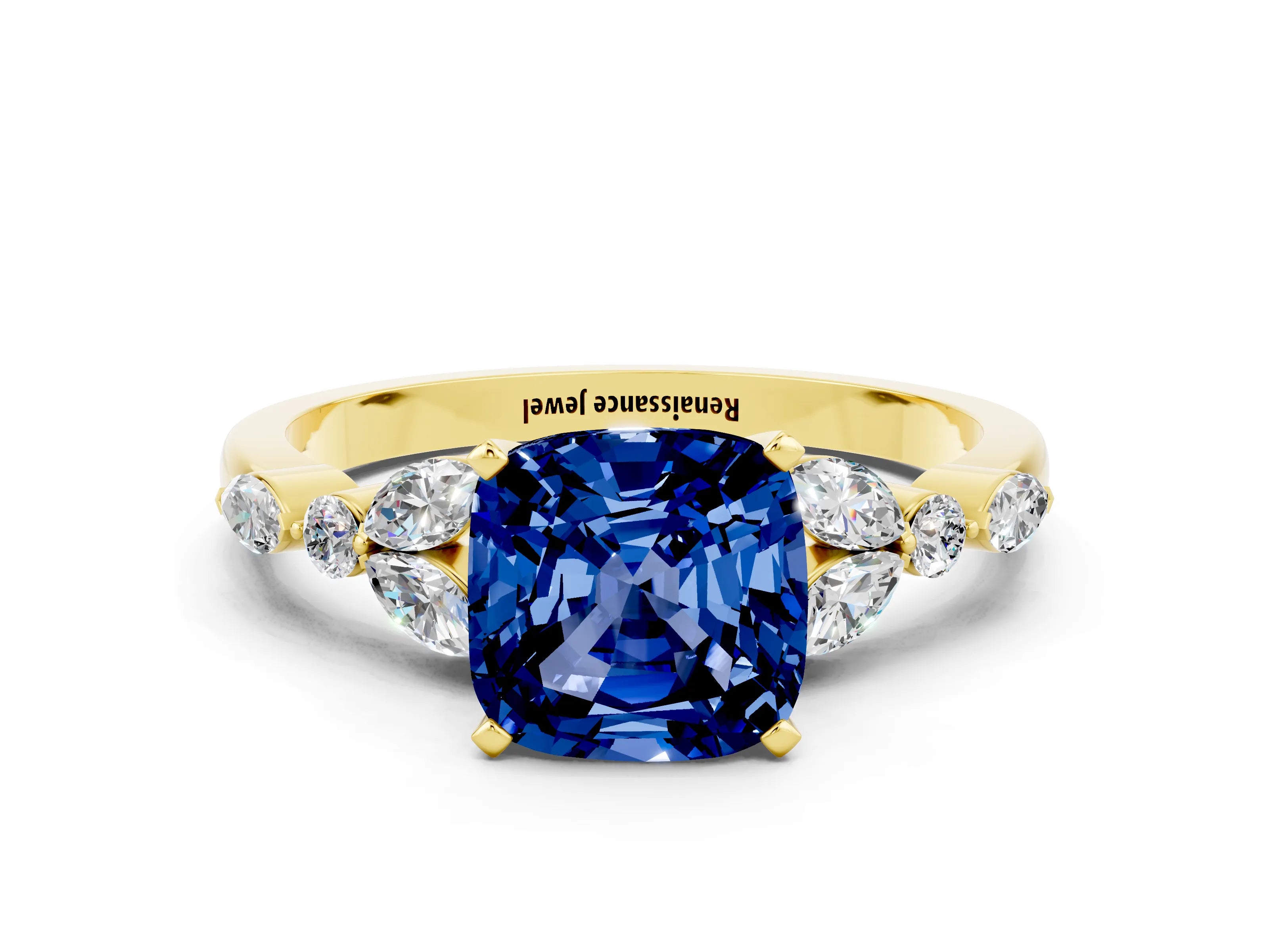 Yellow gold Cushion Cut Blue Sapphire Solitaire Ring with Side Stones and Four-Prong Setting_12
