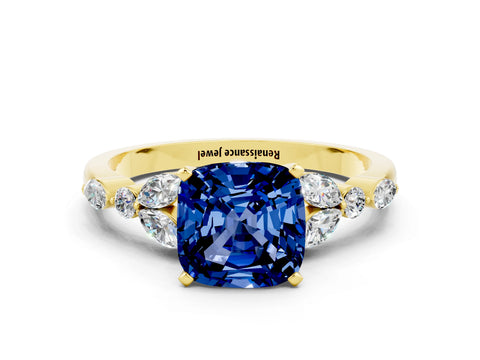 Yellow gold Cushion Cut Blue Sapphire Solitaire Ring with Side Stones and Four-Prong Setting_12