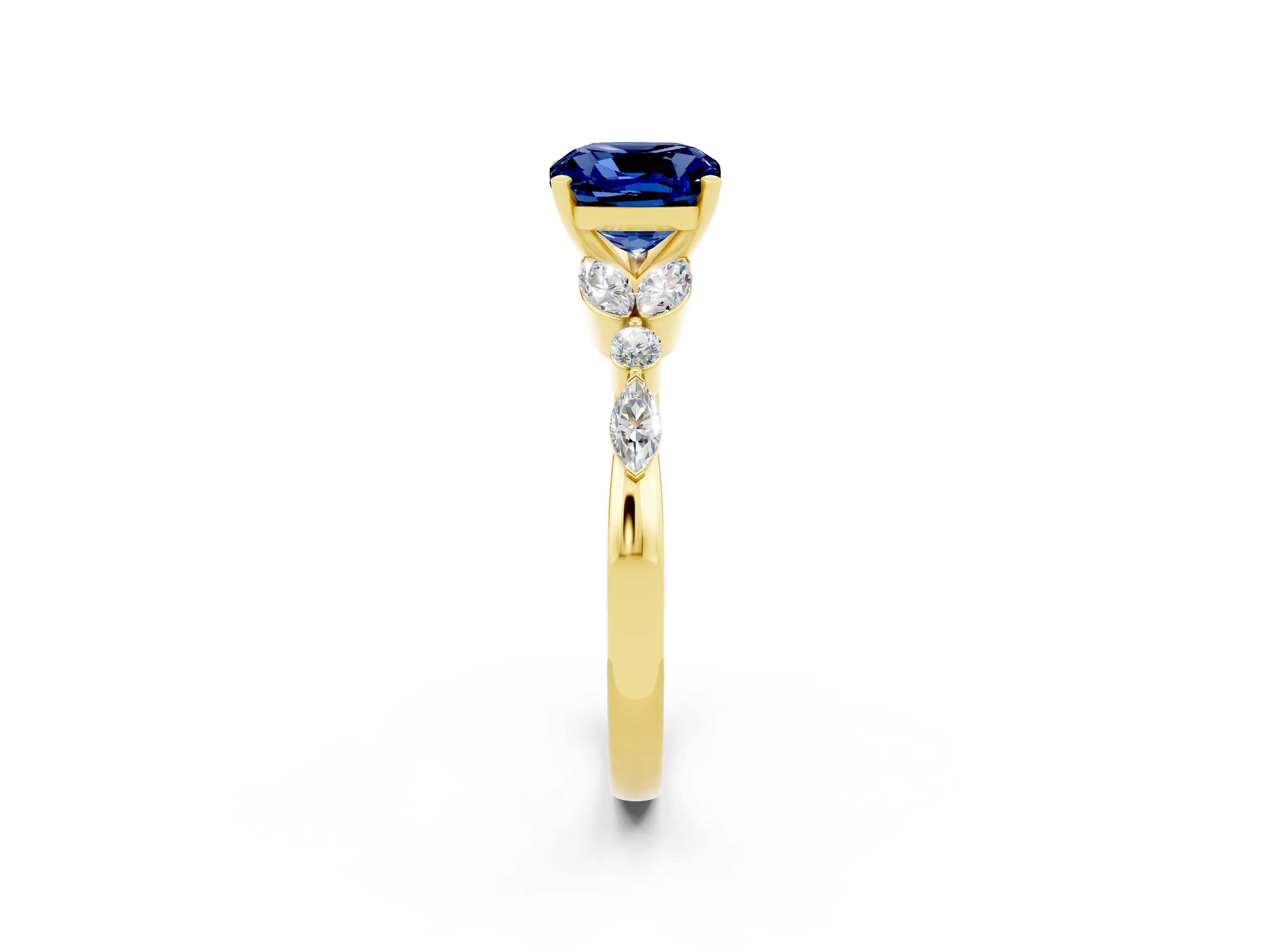 Yellow gold Cushion Cut Blue Sapphire Solitaire Ring with Side Stones and Four-Prong Setting_14