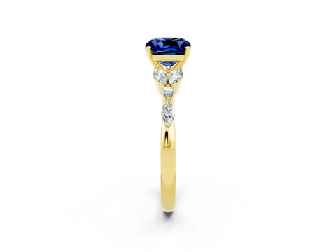Yellow gold Cushion Cut Blue Sapphire Solitaire Ring with Side Stones and Four-Prong Setting_14