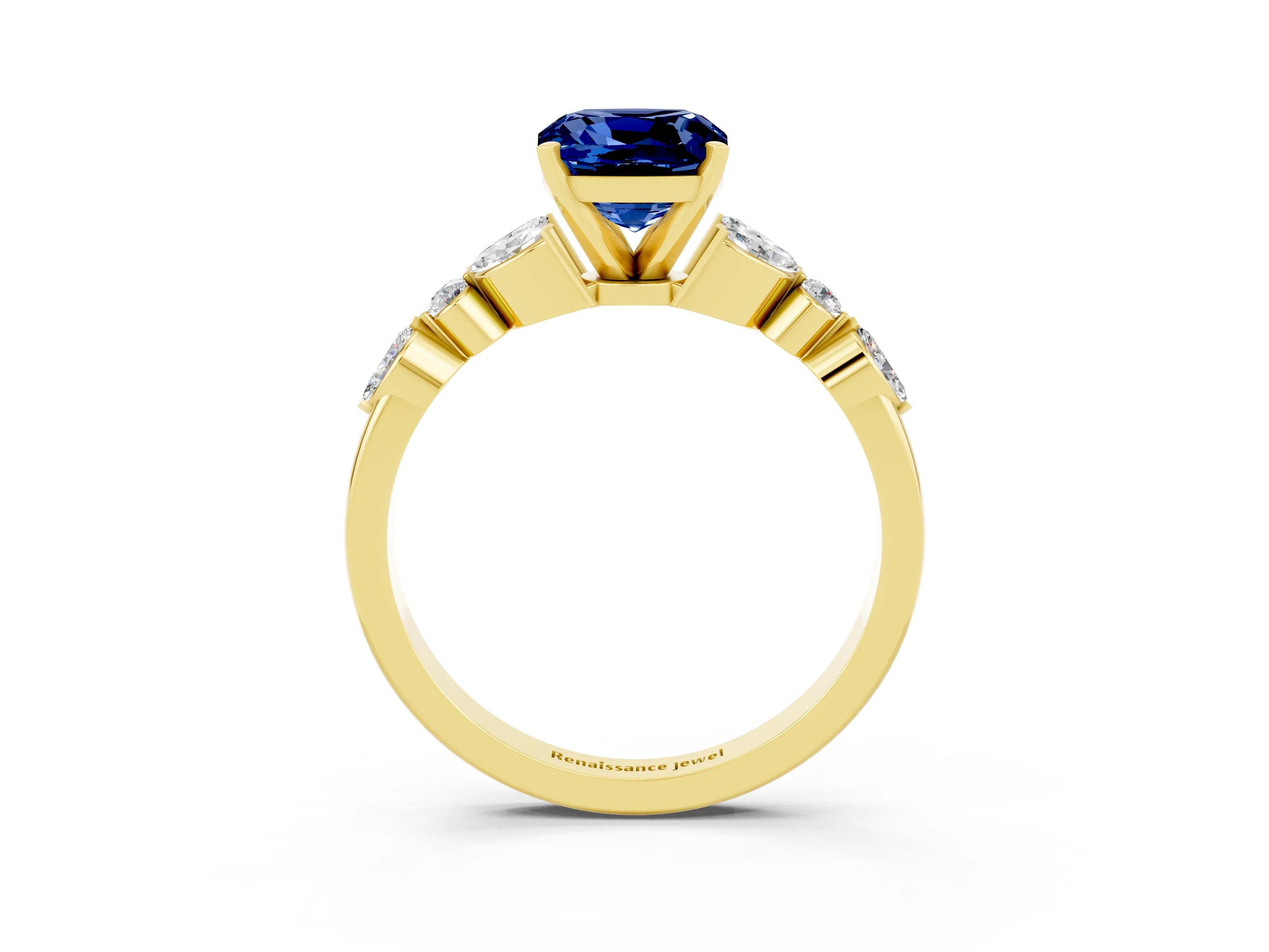 Yellow gold Cushion Cut Blue Sapphire Solitaire Ring with Side Stones and Four-Prong Setting_15