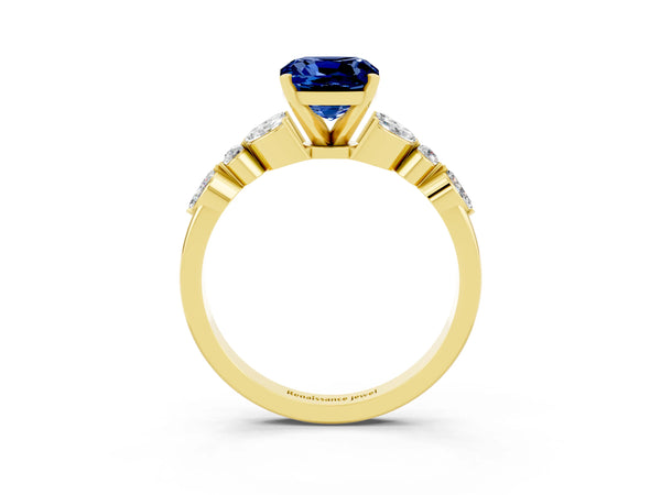 Yellow gold Cushion Cut Blue Sapphire Solitaire Ring with Side Stones and Four-Prong Setting