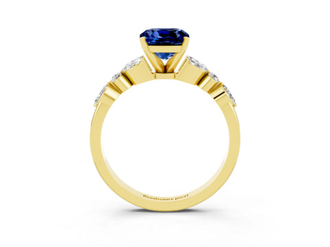 Yellow gold Cushion Cut Blue Sapphire Solitaire Ring with Side Stones and Four-Prong Setting_15