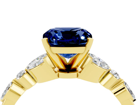 Yellow gold Cushion Cut Blue Sapphire Solitaire Ring with Side Stones and Four-Prong Setting_16